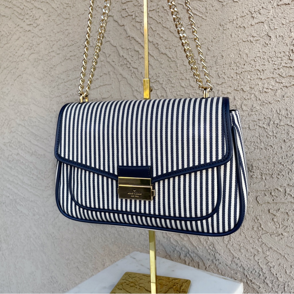 Kate Spade Blue & White Striped Carey Medium Flap Striped Crossbody Shoulder Bag